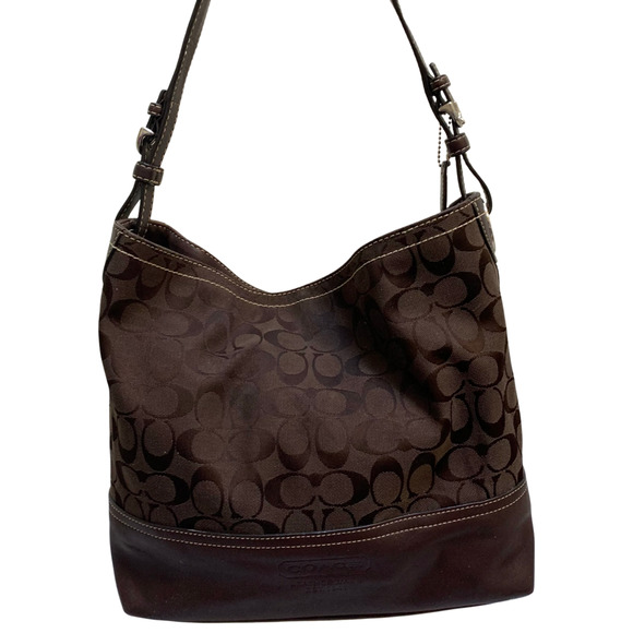 Coach Handbags - COACH Dark Brown Signature Canvas DUFFEL BUCKET Hobo #2154 Near-Vintage!